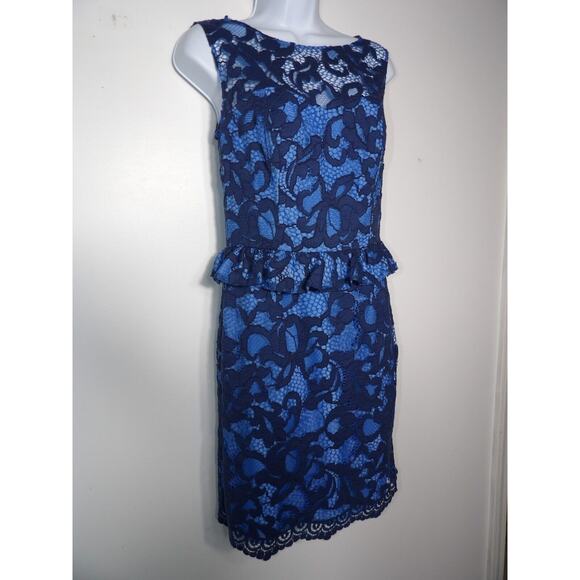 Lilly Pulitzer Sz 2 Dress Blue Lace Peplum Knee Modest Sleeveless Eyelet Keyhole - Picture 3 of 14